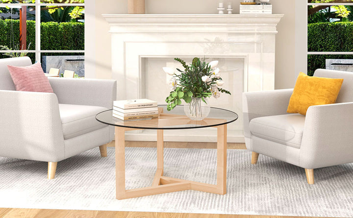 ON-TREND Round Glass Coffee Table Modern Cocktail Table Easy Assembly with Tempered Glass Top & Sturdy Wood Base, Natural (OLD SKU: WF190112AAL)