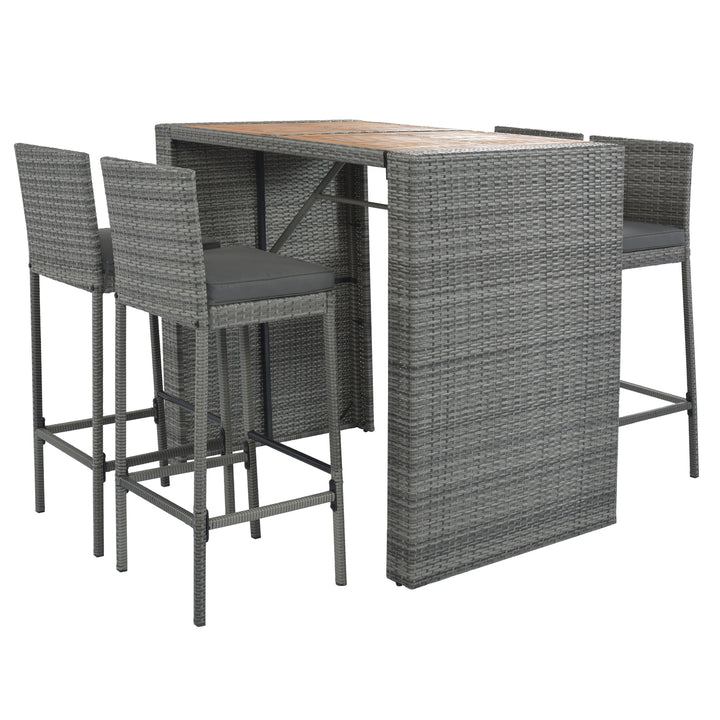 GO 5-pieces Outdoor Patio Wicker Bar Set, Bar Height Chairs With Non-Slip Feet And Fixed Rope, Removable Cushion, Acacia Wood Table Top, Brown Wood And Gray Wicker