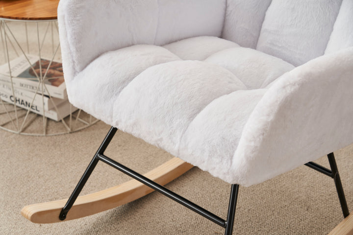 Rocking Chair Nursery, Solid Wood Legs Reading Chair with Faux Fur Upholstered , Nap Armchair for Living Rooms, Bedrooms, Offices, Best Gift,White Faux Fur