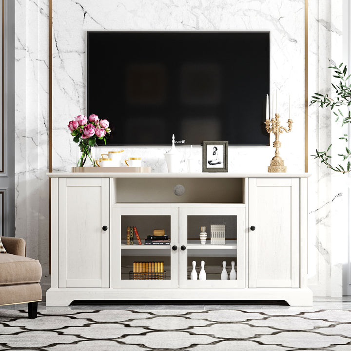 U-Can TV Stand for TV up to 65in with 2 Tempered Glass Doors Adjustable Panels Open Style Cabinet, Sideboard for Living room, White