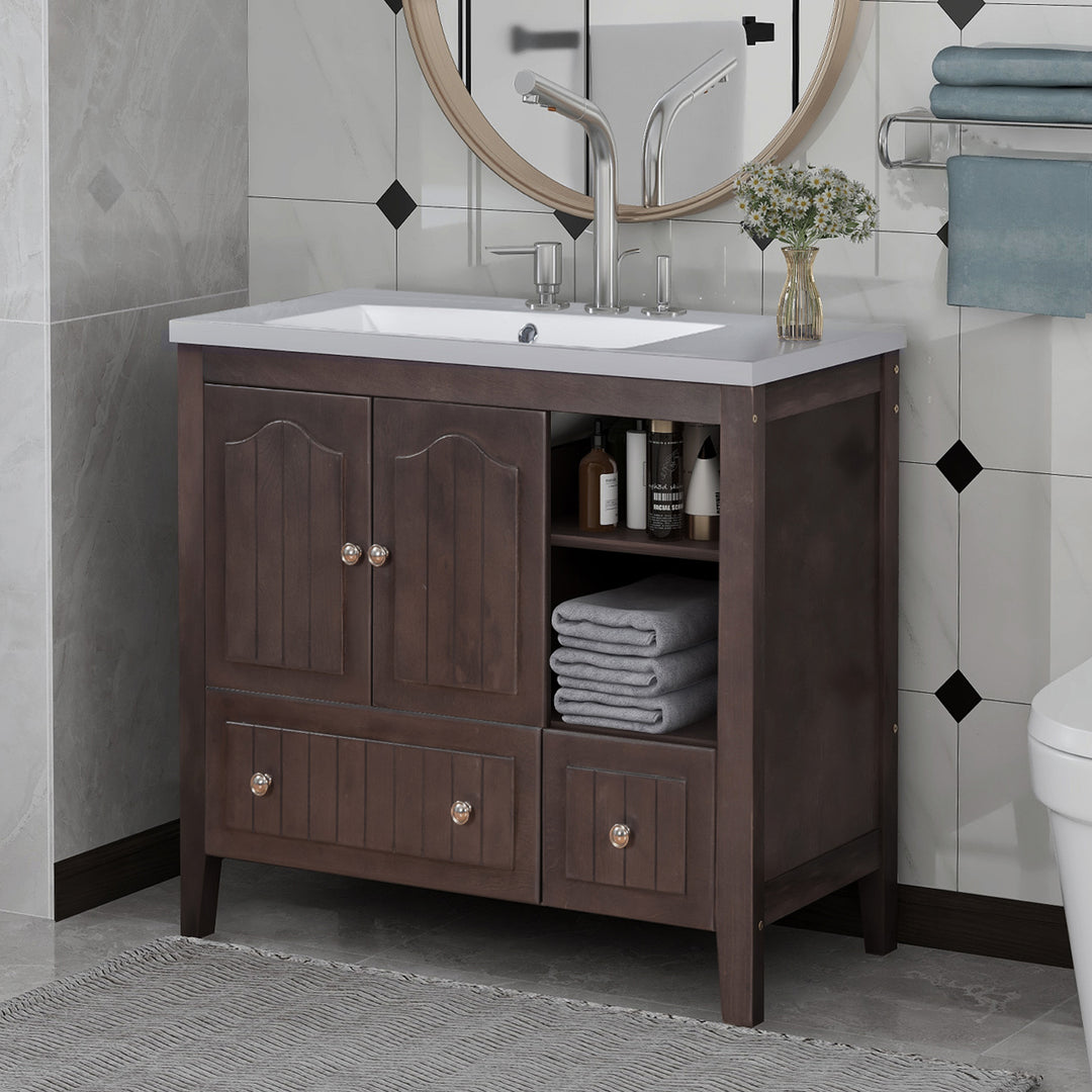 [VIDEO] 36" Bathroom Vanity with Ceramic Basin, Bathroom Storage Cabinet with Two Doors and Drawers, Solid Frame, Metal Handles, Brown (OLD SKU: JL000003AAD)