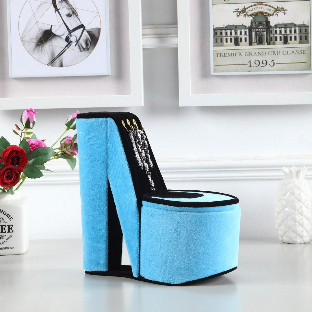 9" Tall Display Jewelry Box with Hooks, High Heel Shoe Design, Turquoise Velvet