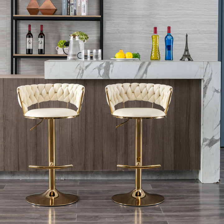 Set of 2  Bar Stools,with Chrome Footrest and Base Swivel Height Adjustable Mechanical Lifting Velvet + Golden Leg Simple Bar Stool-Cream