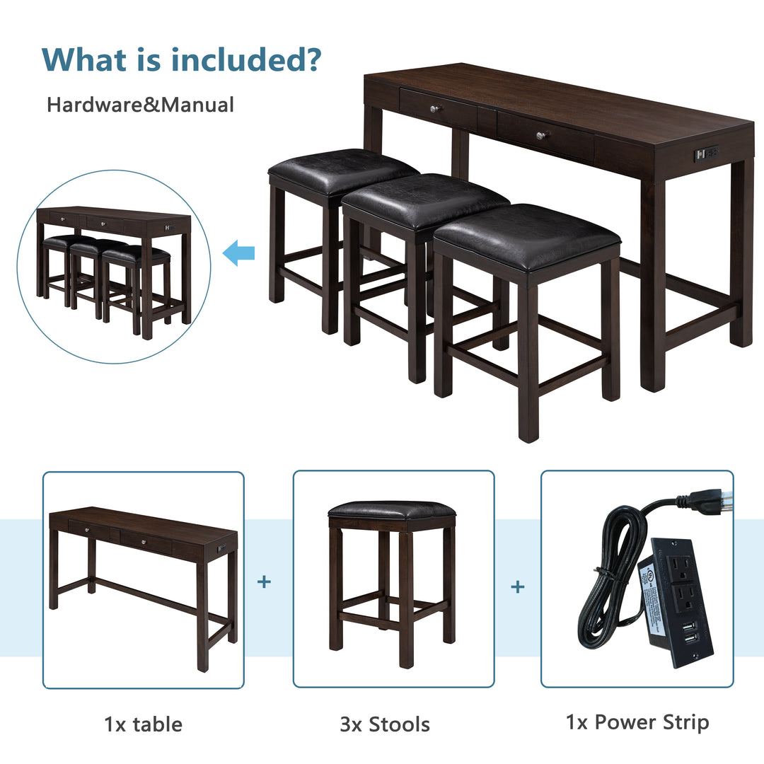 TOPMAX 4-Piece Counter Height Table Set with Socket and Leather Padded Stools, Espresso