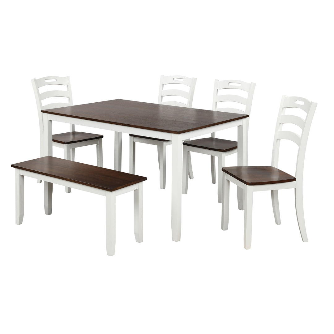 TOPMAX 6 Piece Dining Table Set with Bench, Table Set with Waterproof Coat, Ivory and Cherry