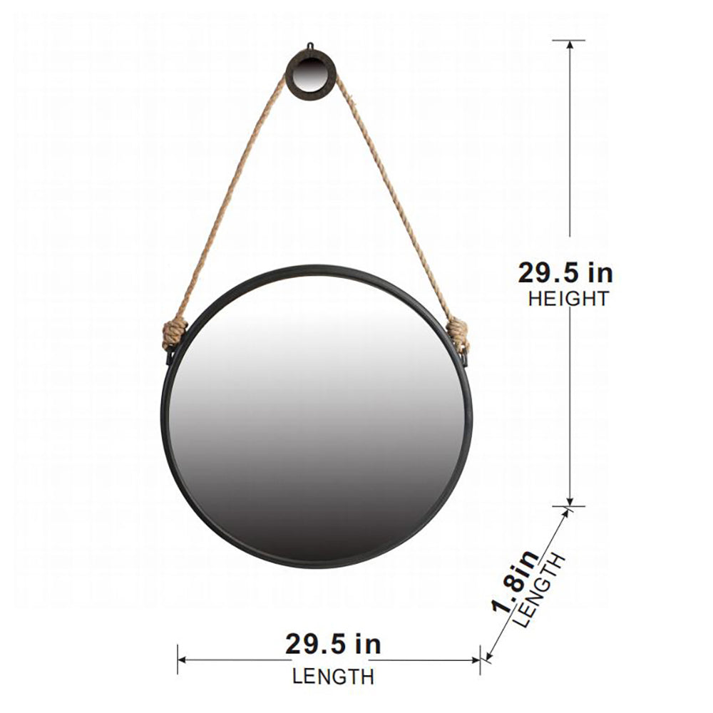 29.5" in On-trend Hanging Round Mirror with Black Framed and with Rope Strap Contemporary Industrial Decor for Bathroom, Bedroom, or Living Space