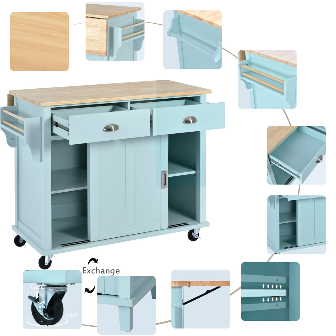 Kitchen Cart with Rubber wood Drop-Leaf Countertop, Concealed sliding barn door adjustable height,Kitchen Island on 4 Wheels with Storage Cabinet and 2 Drawers,L52.2xW30.5xH36.6 inch, Mint Green