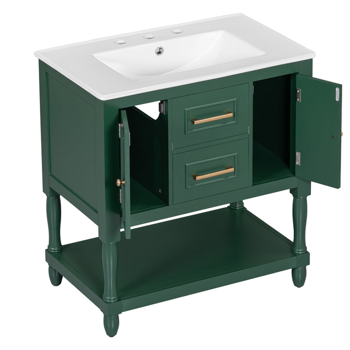 30" Bathroom Vanity with Sink Top, Bathroom Vanity Cabinet with Two Doors and Two Drawers, Solid Wood Frame, One Package, Green