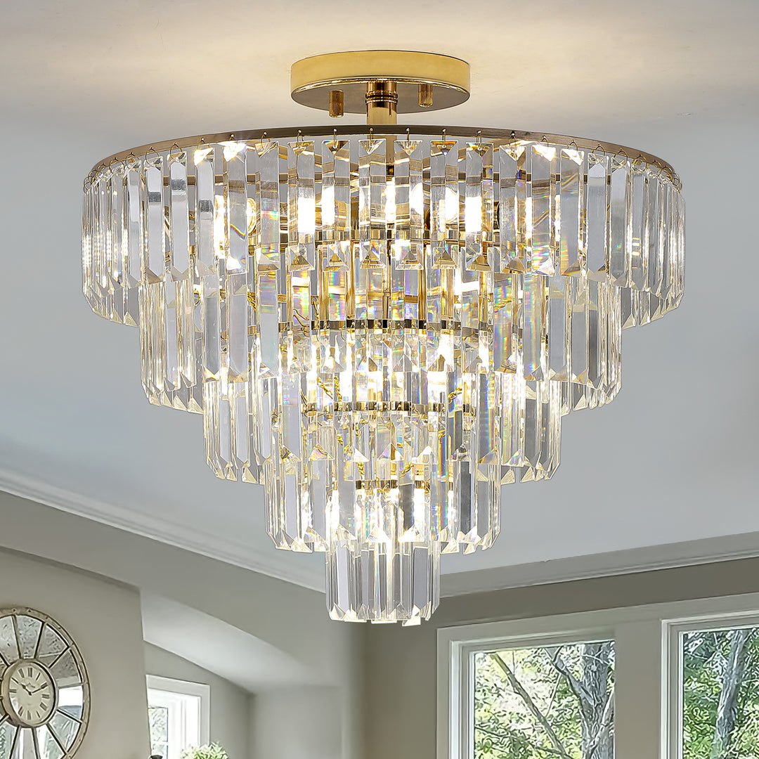 Gold Crystal Chandeliers,5-Tier Round Semi Flush Mount Chandelier Light Fixture,Large Contemporary Luxury Ceiling Lighting for Living Room Dining Room Bedroom Hallway