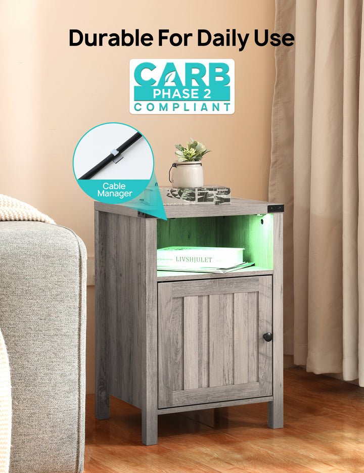 Nightstand with Charging Station, Side Table with RGB Light Strip, Modern End Table Beside Table with USB Ports and Outlets, Barn Door Cabinet, Open Shelf, Deep Storage for Bedroom, Living Room