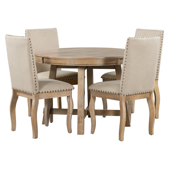 TREXM 5-Piece Farmhouse Dining Table Set Wood Round Extendable Dining Table and 4 Upholstered Dining Chairs (Natural Wood Wash)