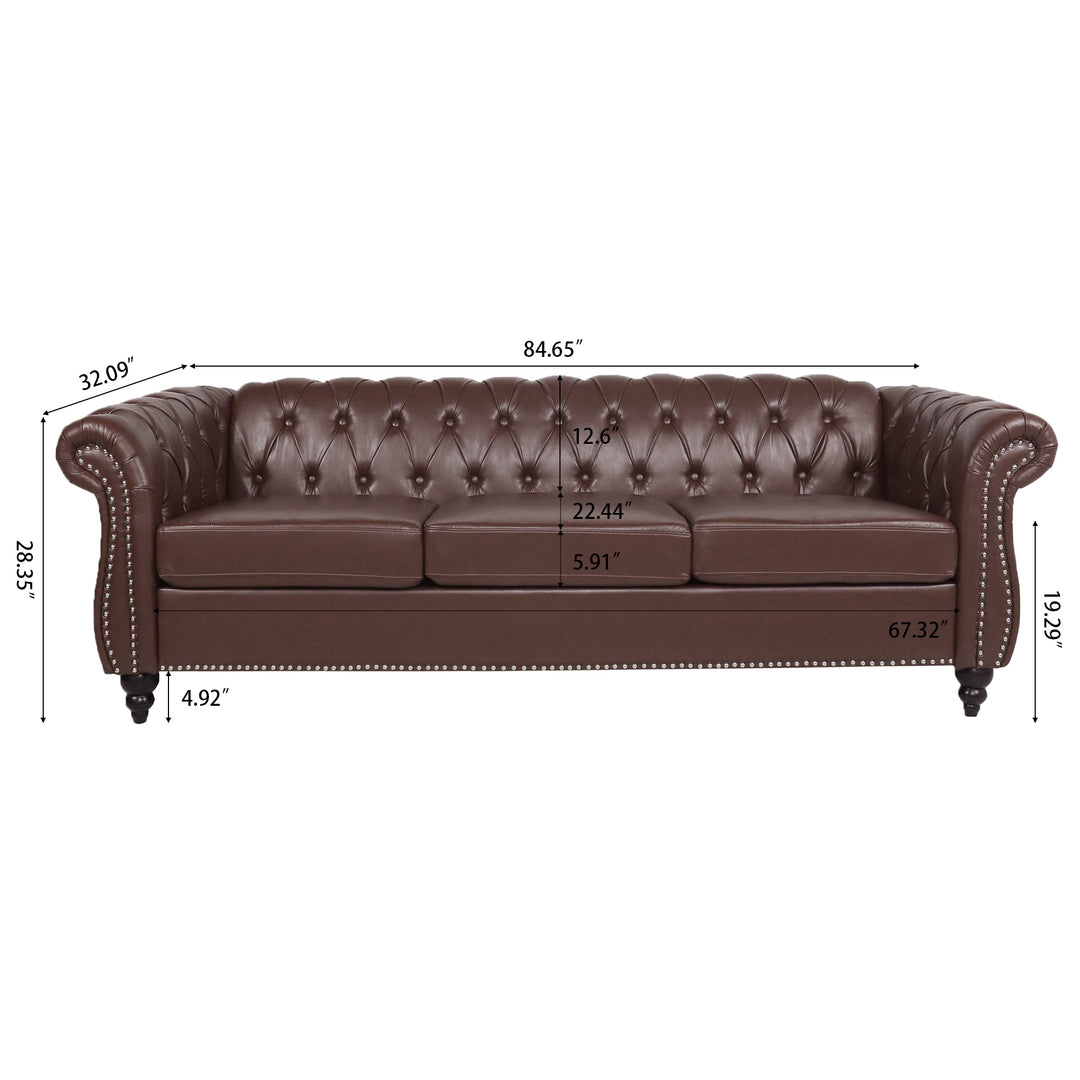 84.65" Dark Brown PU Rolled Arm Chesterfield Three Seater Sofa.