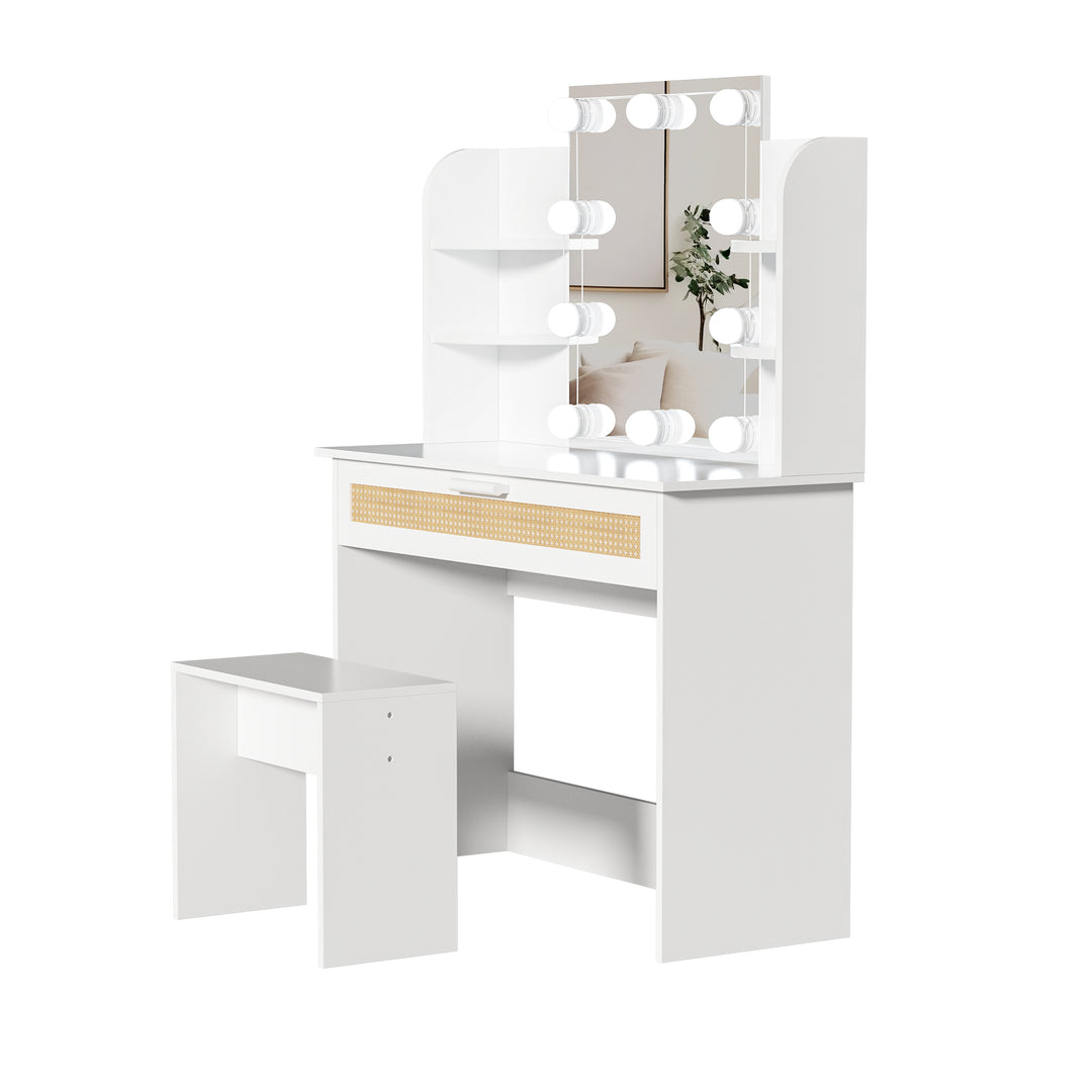 Vanity Desk Set Stool & Dressing Table with LED Lighting Mirror Drawer and Compartments Modern Wood Cosmetic Table Chest of Drawers White Color