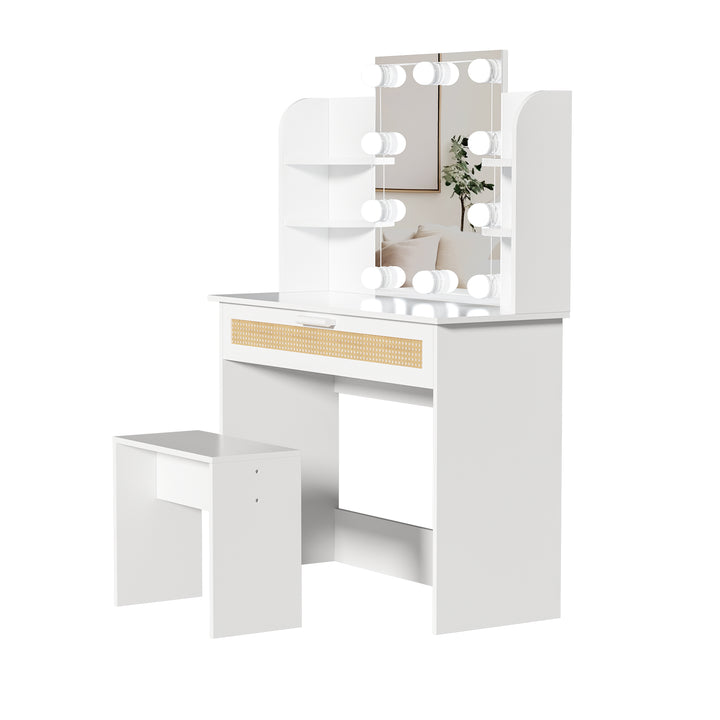 Vanity Desk Set Stool & Dressing Table with LED Lighting Mirror Drawer and Compartments Modern Wood Cosmetic Table Chest of Drawers White Color