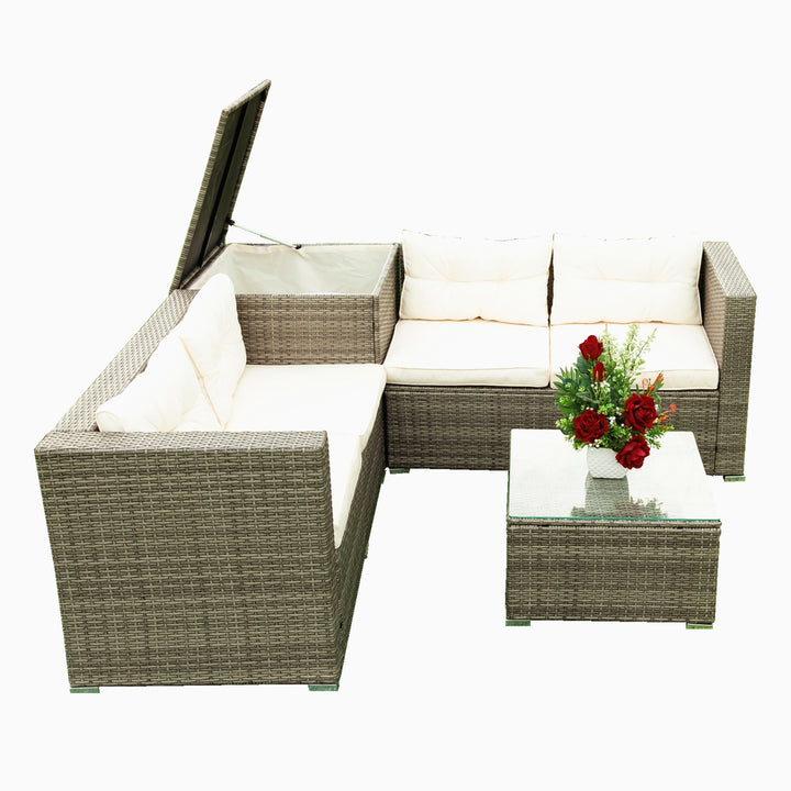 4 Piece Patio Sectional Wicker Rattan Outdoor Furniture Sofa Set with Storage Box - Creme