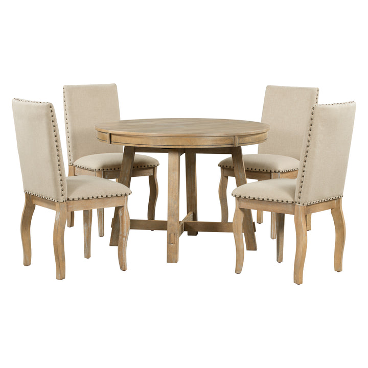 TREXM 5-Piece Farmhouse Dining Table Set Wood Round Extendable Dining Table and 4 Upholstered Dining Chairs (Natural Wood Wash)