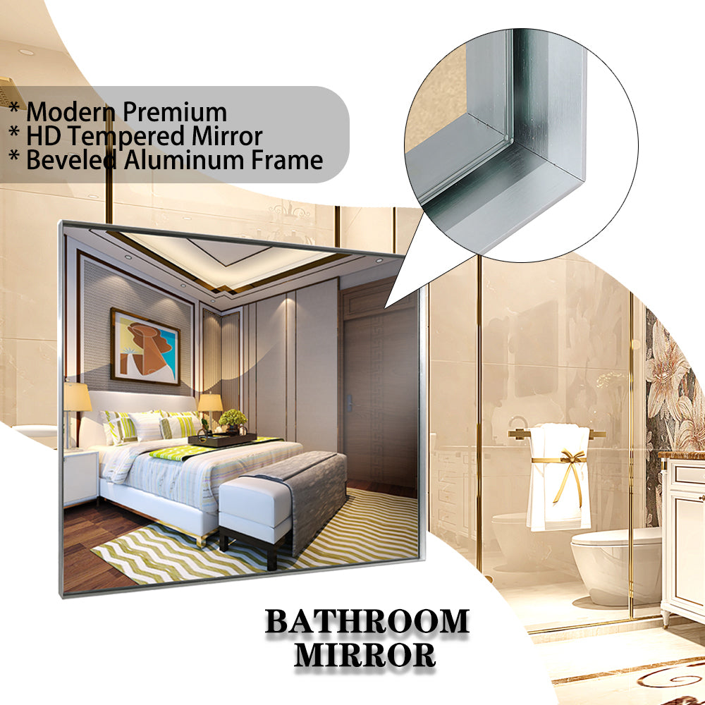 36x30inch Glossy Brushed Silver Framed Mirror For Bathroom Rectangular Wall Bathroom Mirror Metal Frame Farmhouse Mirror Large Decorative Square Corner Rectangle Mirror(Horizontal & Vertical)