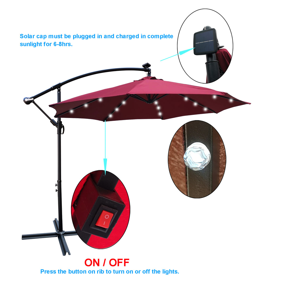 10 ft Outdoor Patio Umbrella Solar Powered LED Lighted Sun Shade Market Waterproof 8 Ribs Umbrella with Crank and Cross Base for Garden Deck Backyard Pool Shade Outside Deck Swimming Pool