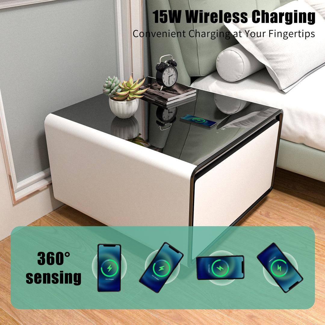 Modern Smart Side Table with Built-in Fridge, Wireless Charging, Temperature Control, Power Socket, USB Interface, Outlet Protection, Induction Light, White