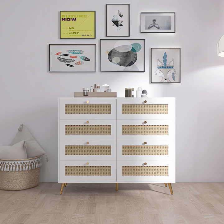 White Color 8 Drawers Chest of Drawers with Rattan Drawer Face Golden Legs and Handles