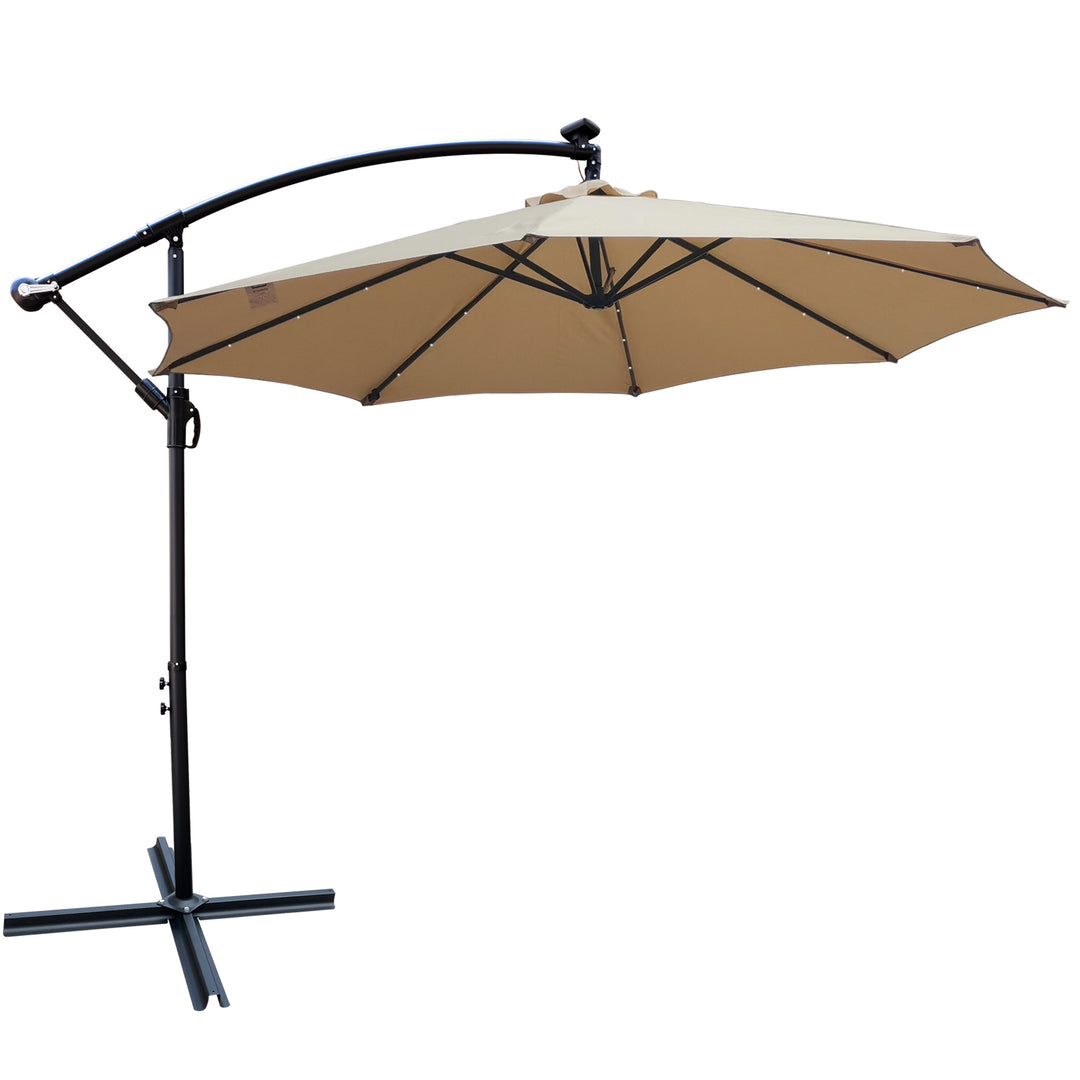 Tan 10 ft Outdoor Patio Umbrella Solar Powered LED Lighted Sun Shade Market Waterproof 8 Ribs Umbrella with Crank and Cross Base for Garden Deck Backyard Pool Shade Outside Deck Swimming Pool