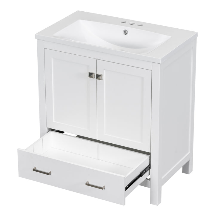 30" White Bathroom Vanity with Single Sink, Combo Cabinet Undermount Sink, Bathroom Storage Cabinet with 2 Doors and a Drawer, Soft Closing, Multifunctional Storage, Solid Wood Frame