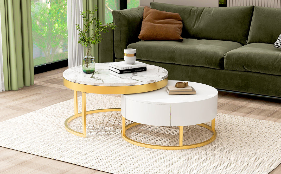Modern Round  Nesting Coffee Table with Drawers in White
