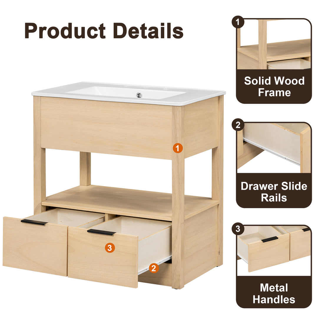 30" Bathroom Vanity with Sink Top, Bathroom Cabinet with Open Storage Shelf and Two Drawers, One Package, Natural