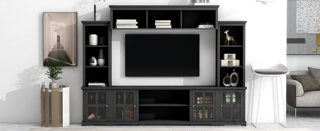 [VIDEO provided] ON-TREND Minimalism Entertainment Wall Unit with Bridge, Modern TV Console Table for TVs Up to 70", Multifunctional TV Stand with Tempered Glass Door, Black (Old SKU: SD000009AAB)