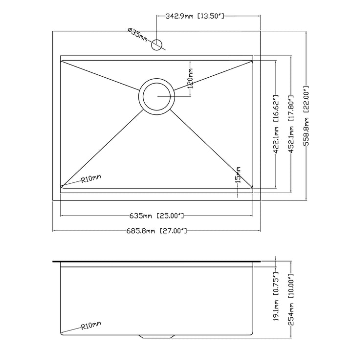 ADABABY 27" x 22" Drop In Kitchen Sink Gunmetal Black,  16 Gauge Stainless Steel Workstation Sink