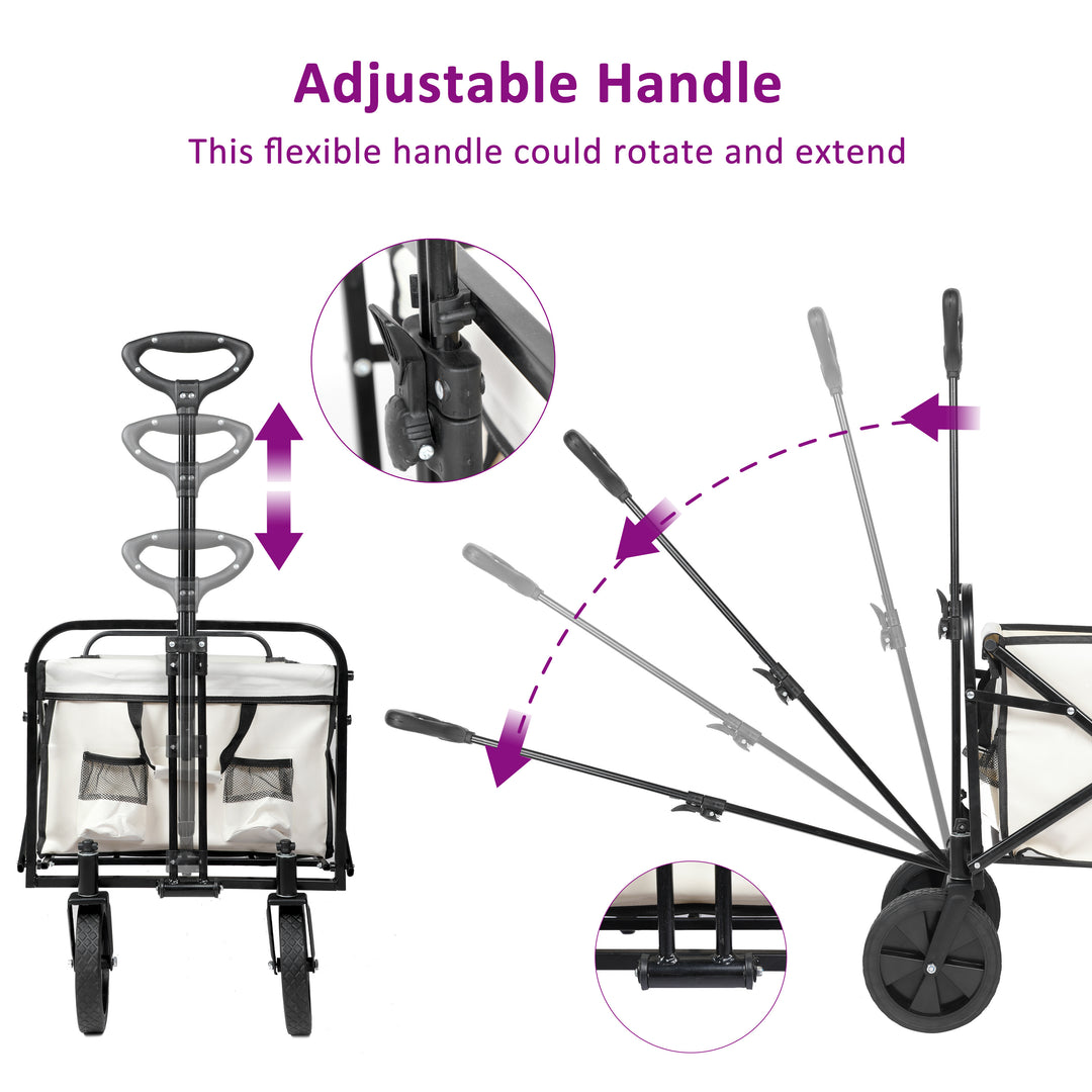 YSSOA Extended Folding Utility Wagon, 330LBS Heavy Loaded Collapsible Garden Cart with Anti-Slip Wheels, Adjustable Handle and Side Pockets, Large, White, X-Large