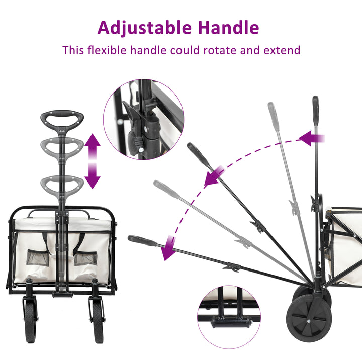 YSSOA Extended Folding Utility Wagon, 330LBS Heavy Loaded Collapsible Garden Cart with Anti-Slip Wheels, Adjustable Handle and Side Pockets, Large, White, X-Large