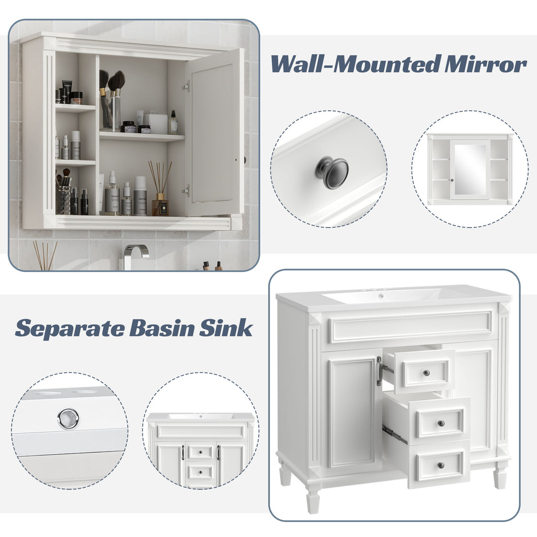 36'' Bathroom Vanity with Top Sink, White Mirror Cabinet, Modern Bathroom Storage Cabinet with 2 Soft Closing Doors and 2 Drawers, Single Sink Bathroom Vanity