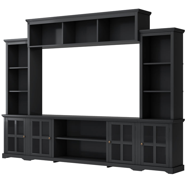 [VIDEO provided] ON-TREND Minimalism Entertainment Wall Unit with Bridge, Modern TV Console Table for TVs Up to 70", Multifunctional TV Stand with Tempered Glass Door, Black (Old SKU: SD000009AAB)