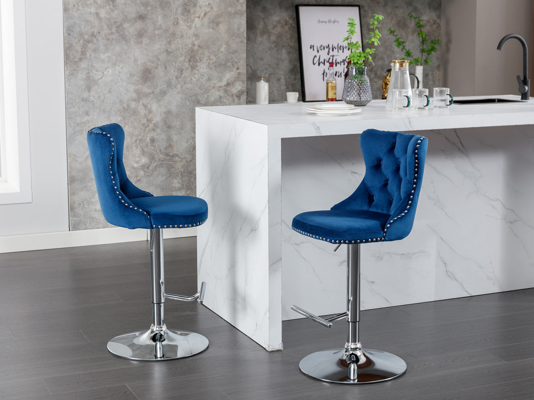 A&A Furniture,Swivel Velvet Barstools Adjusatble Seat Height from 25-33 Inch, Modern Upholstered Chrome base Bar Stools with Backs Comfortable Tufted for Home Pub and Kitchen Island（Blue,Set of 2）