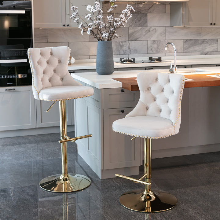 A&A Furniture,Golden Swivel Velvet Barstools Adjusatble Seat Height from 25-33 Inch, Modern Upholstered Bar Stools with Backs Comfortable Tufted for Home Pub and Kitchen Island（Beige,Set of 2）