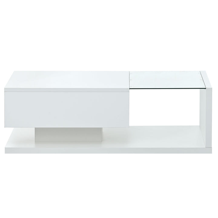 [VIDEO provided] ON-TREND Modern Coffee Table with Tempered Glass, Wooden Cocktail Table with High-gloss UV Surface, Modernist 2-Tier Rectangle Center Table for Living Room, White
