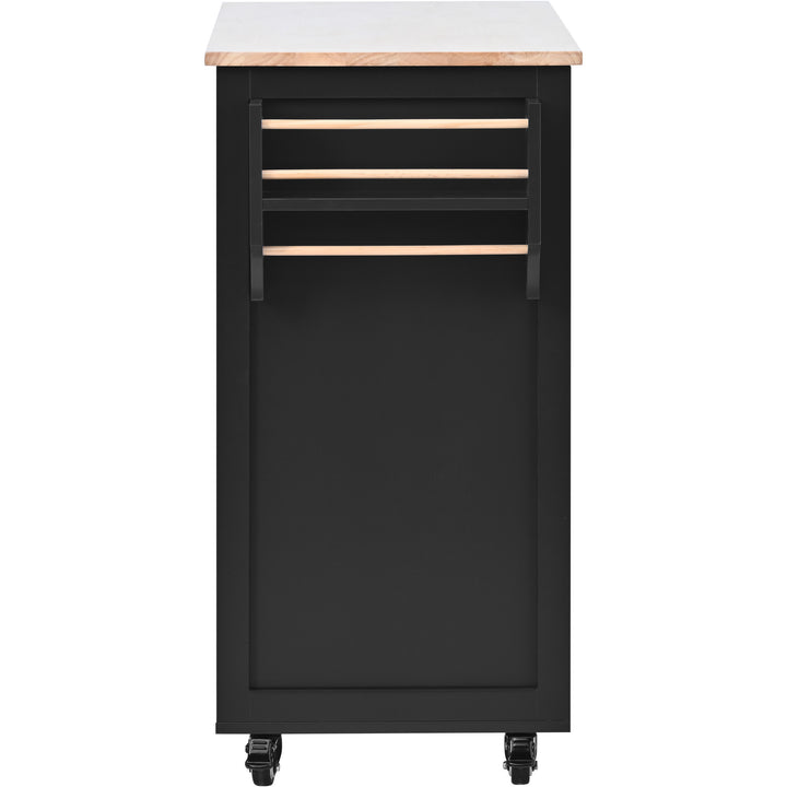 K&K Store Kitchen Cart with Rubber Wood Countertop , Kitchen Island has 8 Handle-Free Drawers Including a Flatware Organizer and 5 Wheels for Kitchen Dinning Room, Black