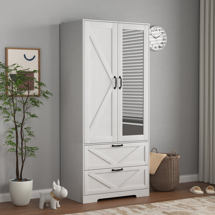 2 Door Wood Wardrobe for Bedroom with Hanging Clothing Rod inside the Cabinet and 2 Drawers for Storage Organization, Built-in induction light Multifunctional Closet with Mirror, White