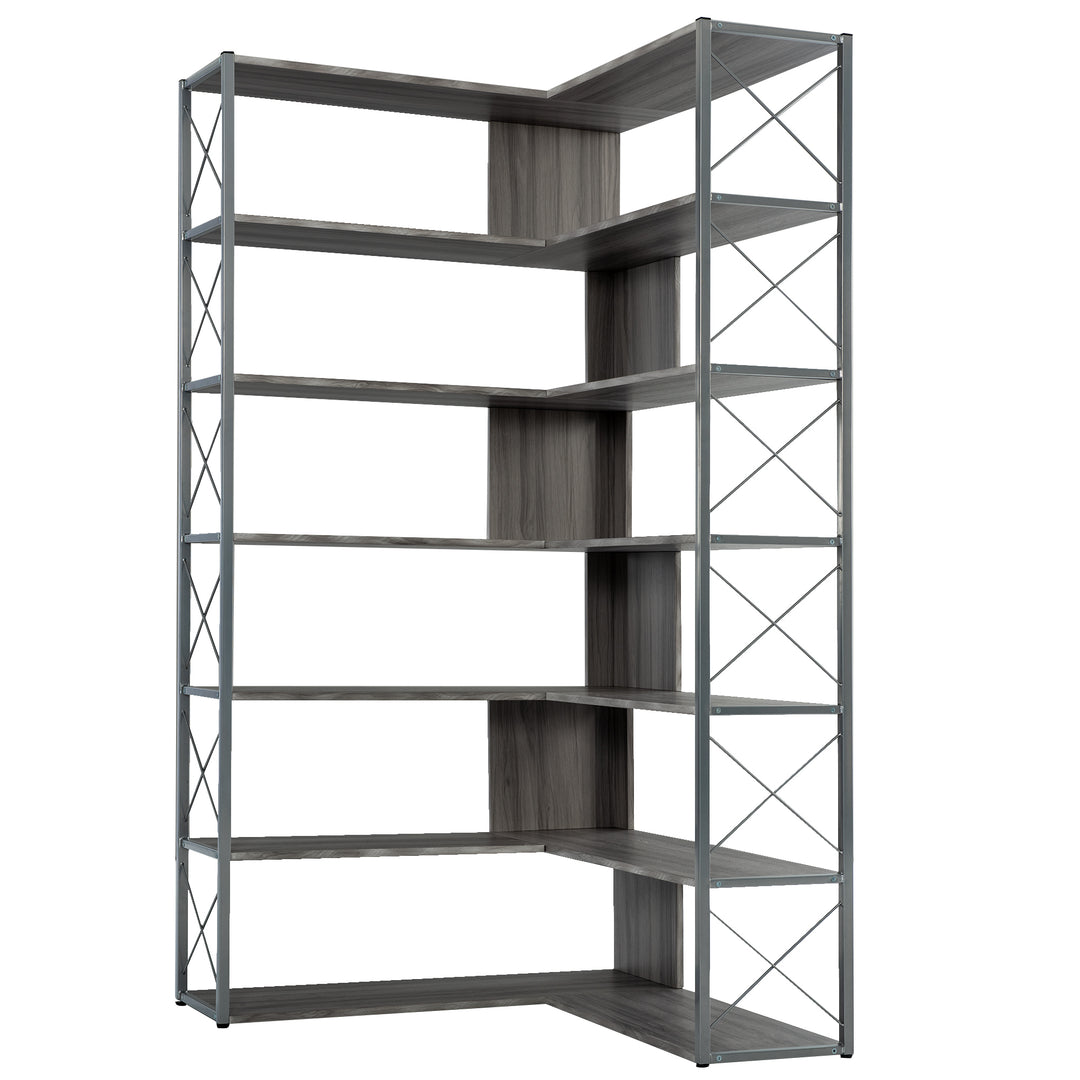 Silver+Grey 7-Tier Bookcase Home Office Bookshelf,  L-Shaped Corner Bookcase with Metal Frame, Industrial Style Shelf with Open Storage, MDF Board