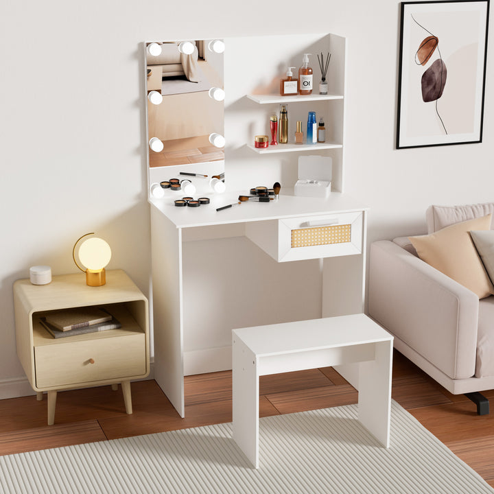 Vanity Desk Set Stool & Dressing Table with LED Lighting Mirror Drawer and Compartments Modern Wood Cosmetic Table Chest of Drawers White Color