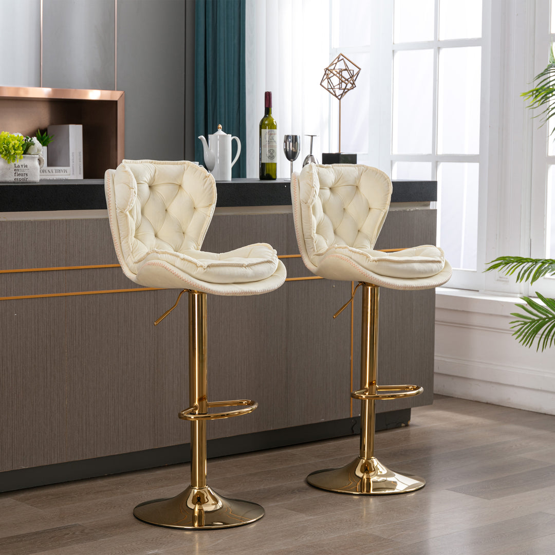 Set of 2  Bar Stools,with Chrome Footrest and Base Swivel Height Adjustable Mechanical Lifting Velvet + Golden Leg Simple Bar Stool-cream