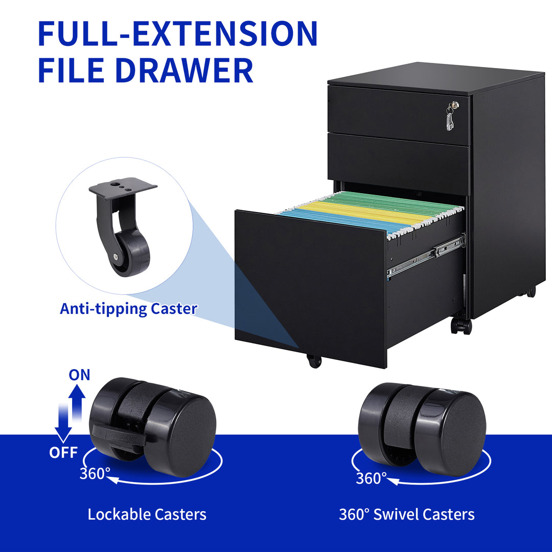 3 Drawer Mobile File Cabinet with Lock Steel File Cabinet for Legal/Letter/A4/F4 Size, Fully Assembled Include Wheels, Home/ Office Design