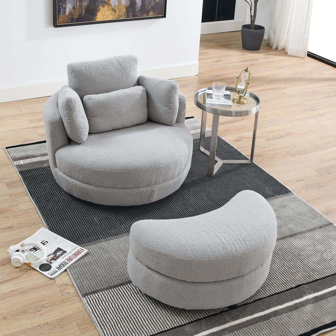 39"W Oversized Swivel Chair with moon storage ottoman for Living Room, Modern Accent Round Loveseat Circle Swivel Barrel Chairs for Bedroom Cuddle Sofa Chair Lounger Armchair, 4 Pillows, Teddy Fabric