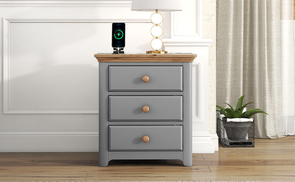 Wooden Nightstand with USB Charging Ports and Three Drawers,End Table for Bedroom,Gray+Natrual