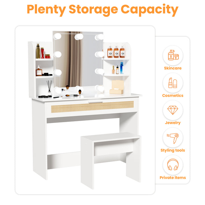 Vanity Desk Set Stool & Dressing Table with LED Lighting Mirror Drawer and Compartments Modern Wood Cosmetic Table Chest of Drawers White Color