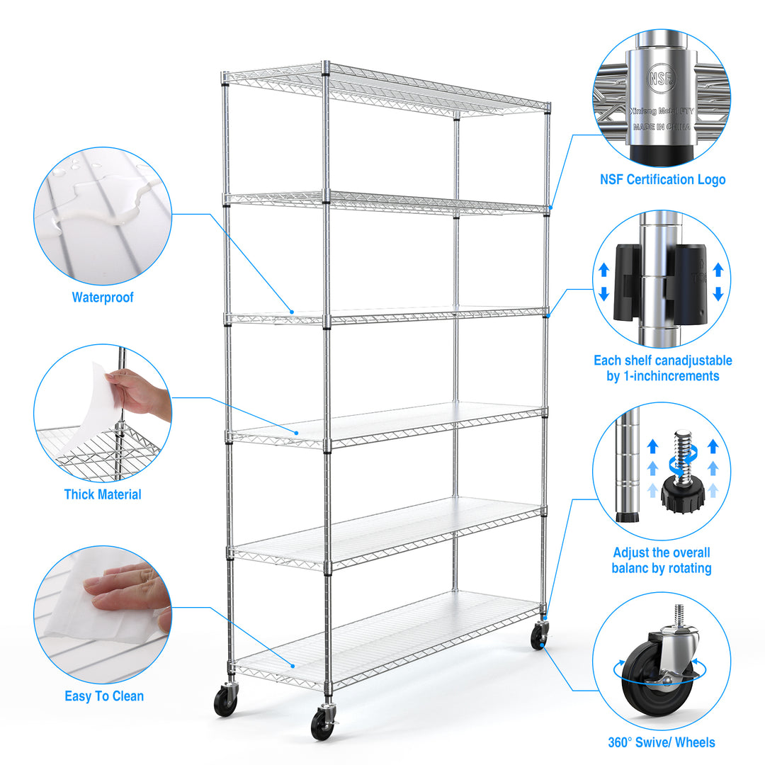 6 Tier Wire Shelving Unit, 6000 LBS NSF Height Adjustable Metal Garage Storage Shelves with Wheels, Heavy Duty Storage Wire Rack Metal Shelves - Chrome