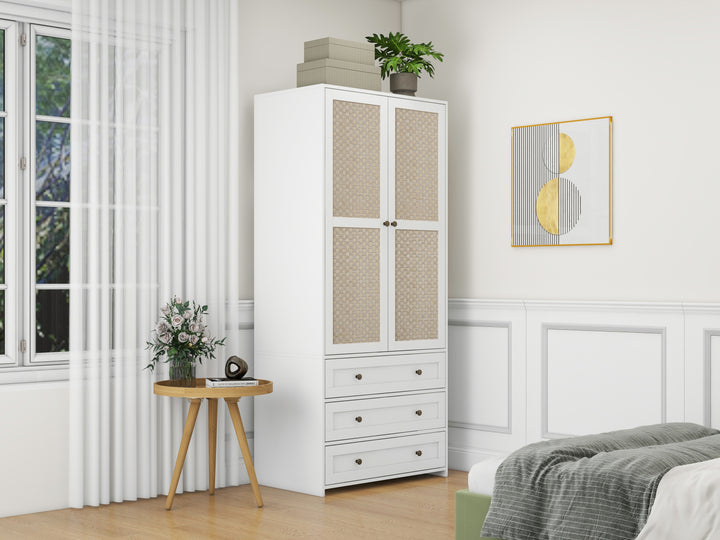 2-Door Wardrobe with 3 Drawers High Wardrobe  Armoire With 2 Rattan Door For Living Room, Bedroom Organizer