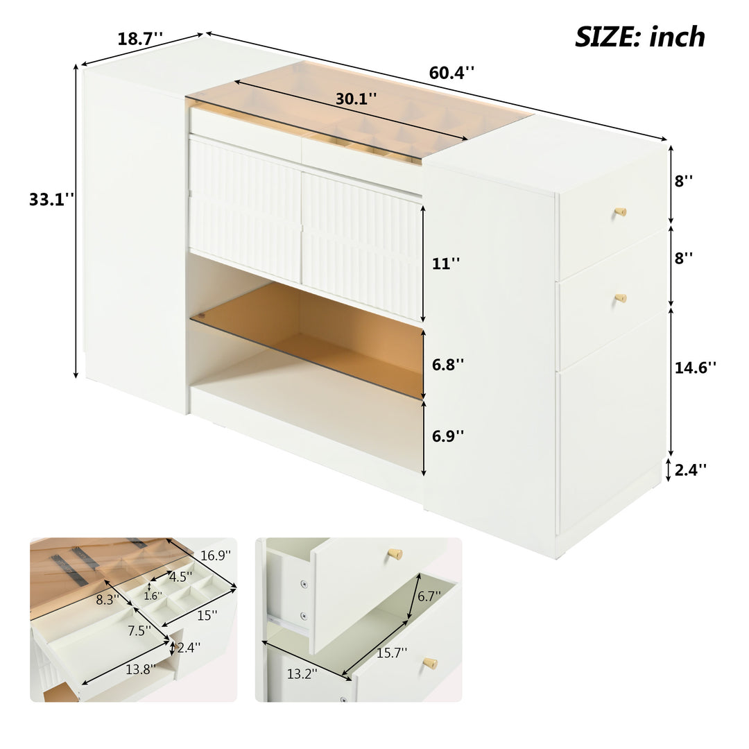 Modern Luxury Multi-Functional Island Vanity Dresser and Storage Cabinet with Glass Tabletop, Display Shelf,6 Drawers for Walk-in-Wardrobe and Bedroom