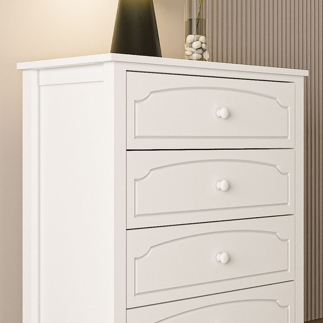 White Contemporary Roman Style, Solid Wood 5 Drawers Chest Bedroom Furniture, Drawer Storage, Tall Chest, Dresser 5 Drawers For Living Room, Entryway. Paint Sprayed Finishing